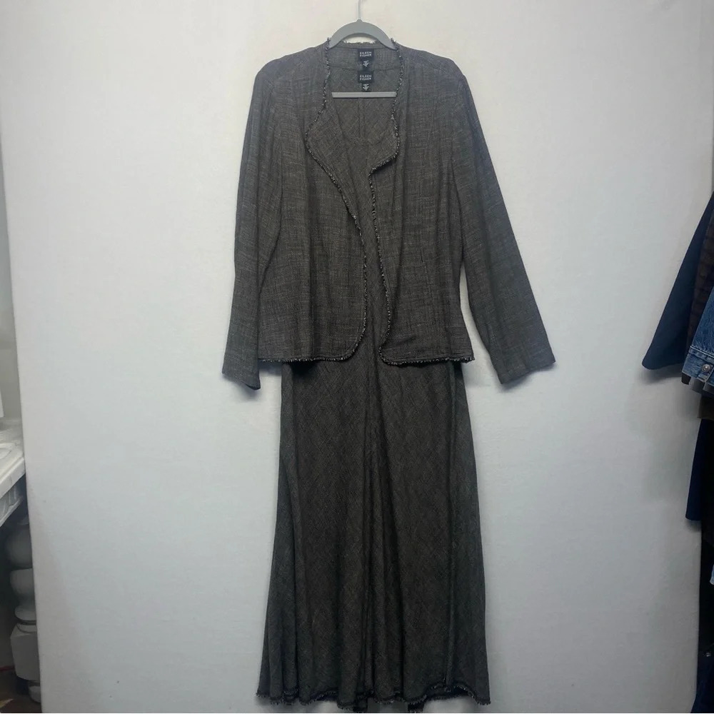Eileen Fisher S/M Maxi Dress Jacket Set Woven Rayon Linen Blend Bias Cut Brown